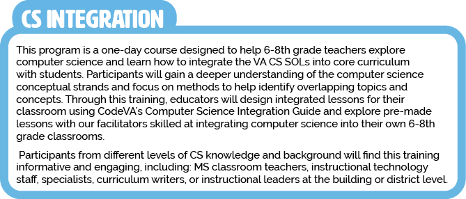This program is a one-day course designed to help 6-8th grade teachers explore computer science and learn how to inte   
